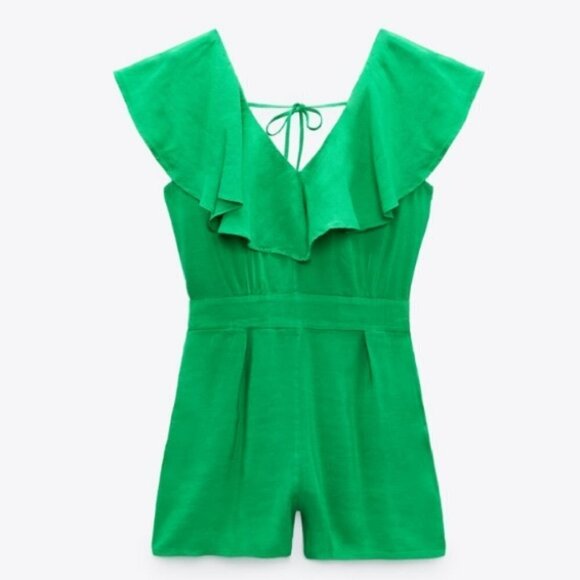 ZARA Green Linen / Viscose Ruffle Elastic High Waist Playsuit / Romper Size M - Picture 5 of 10